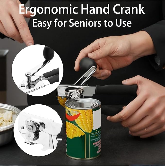 Heavy Duty Manual Can Opener Smooth Edge, Hand Crank Cans Opener for Adults Seniors, Kitchen Camping Tools, Stainless Steel, Black