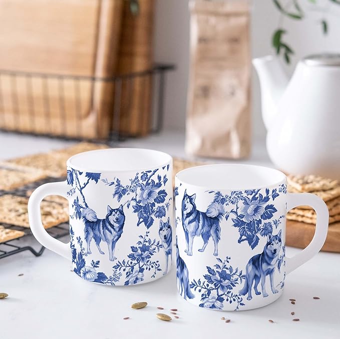 Husky Blue French Toile Mug, Huskies Lover Gifts for Women, Blue Chinoiserie Toile Coffee Cup for Husky Mom, Dog Lovers Tea Coffee Mug Birthday Gifts for Dog Owners, 11oz