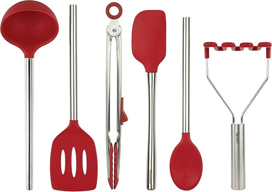 Tovolo Silicone Cooking Utensil Set of 6 Cayenne Red Ladle Slotted Turner Tongs Flex Core Spatula Scraper Mixing Spoon and Potato Masher, Dishwasher Safe Non Toxic BPA Free Silicone Kitchen Utensils