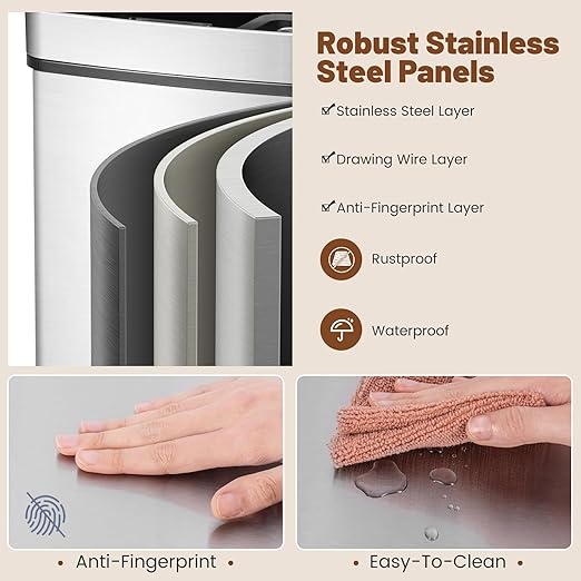 Goplus 19 Gal Stainless Steel Trash Can, 72 L Volume in 4 Containers, Motion Sensor Trash Bin w/Kitchen Waste Bin & 2 Bottom Recycling Bins, Touchless Garbage Can w/Soft Close Lid, Battery Operated