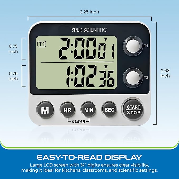 Sper Scientific 2 Channel Digital Lab + Kitchen Timer with Color Coded LED Lights 810002 – Dual Countdown Timer with Large Display, Loud Alarm & Clock Mode - for Cooking, Labs & More - 4 pc
