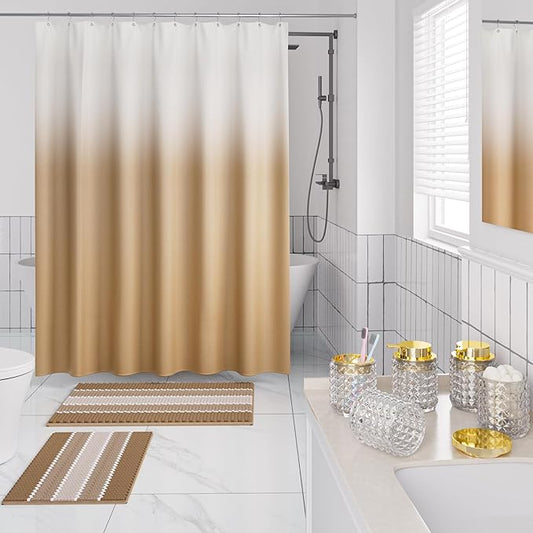 Bathroom Sets with Shower Curtain and Rugs and Accessories, Glass Bathroom Accessories Set Clear Bathroom Set Bathroom Sets, Beige Bath Mat and Diamond Soap Dispenser for Bathroom Decor