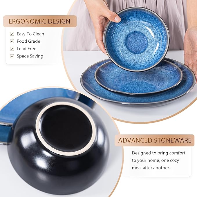 Plates and Bowls Sets for 6 - CJDC-QUELO 18-Piece Stoneware Dinnerware Sets, Ceramic Dishware Set for Indoor Kitchen Use and Formal Dining, Chip and Scratch Resistant Microwave Dishwasher Safe, Blue
