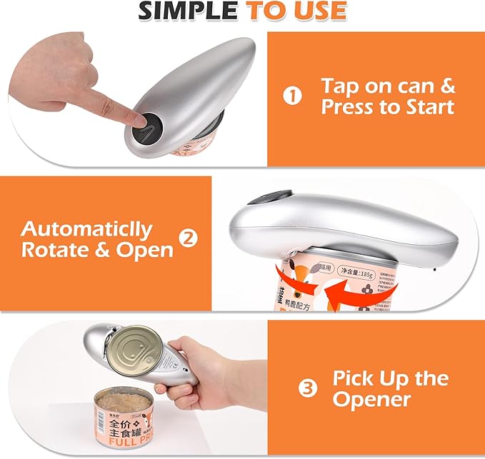 One Touch Electric Can Opener - Automatic Can Openers with Smooth Edge, Free Handheld Electric Can Opener for Kitchen, Seniors (Silver)