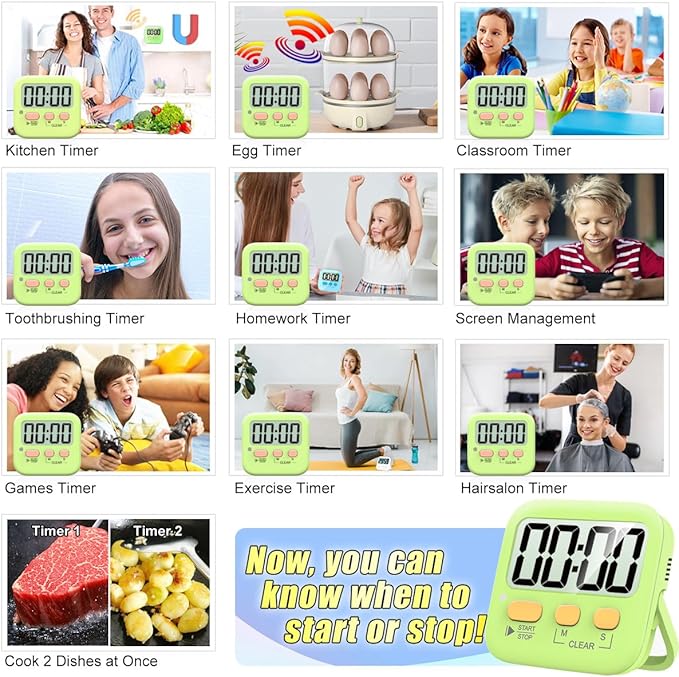 Antonki 2 Pack Digital Timer for Kids, Magnetic Countdown Kitchen Timers for Cooking, Egg, Classroom, Teacher, Exercise, Study, Oven - Battery Included
