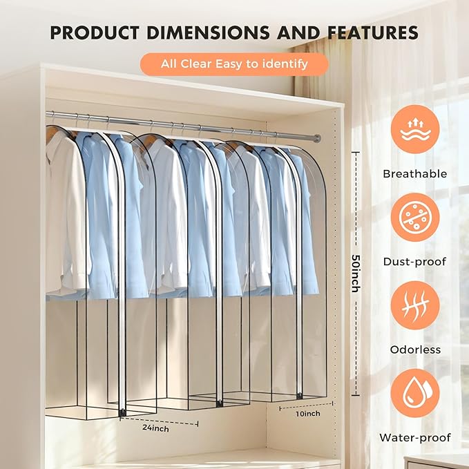 10" Gusseted All Clear Garment Bags for Hanging Clothes 4 Packs 50" Suit Bags for Closet Storage Hanging Clothes Storage Suit Cover for Shirts, Coats, Dresses