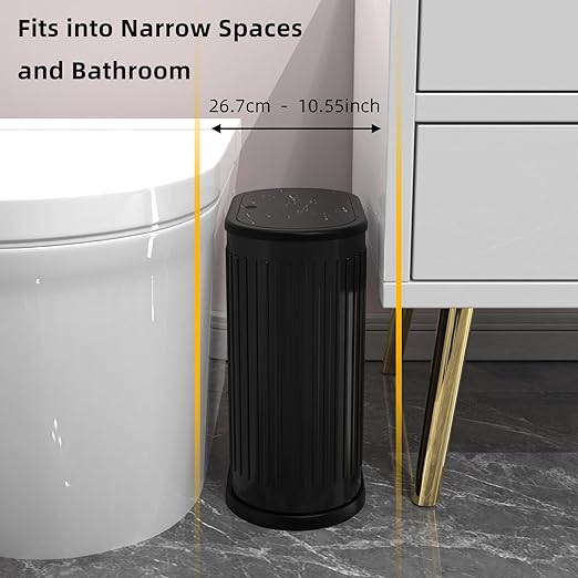 1.8 Gallons Small Stainless Steel Trash Can with Press Type Lid, Slim Bathroom Garbage Bin, Removable Liner Bucket, Dog Proof Narrow Wastebasket with Pop-Up Lid for Bedroom,Toilet (Matt Black)