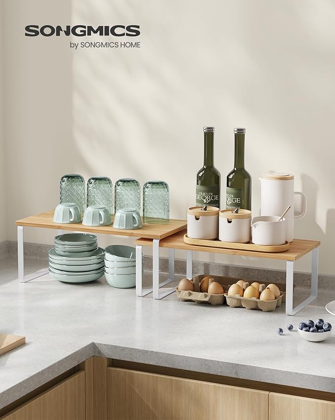 SONGMICS Cabinet Organizer Shelf, Set of 4 Kitchen Counter Shelves, Kitchen Storage, Spice Rack, Stackable, Expandable, Metal and Engineered Wood, Cloud White and Natural Beige UKCS210W01