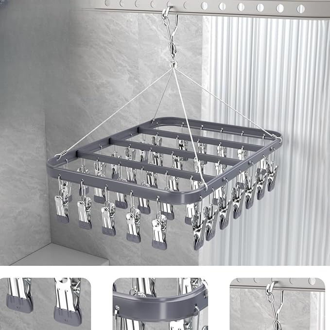 Clothes Drying Racks Clip Hangers Metal with 36 Clips Windproof Hook Underwear Hanger Foldable Laundry Clip for Socks Bras (Grey)