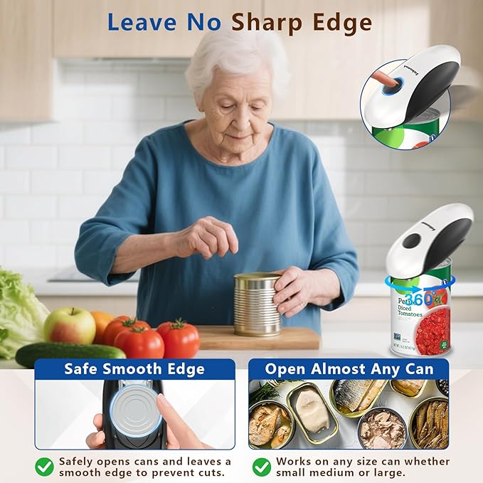 Rechargeable Electric Can Opener for Seniors, Hands Free Safety Automatic Can Opener with Smooth Edge for Left Handed and Arthritic Users, Fits Most Kitchen Cans and the Ideal Gift
