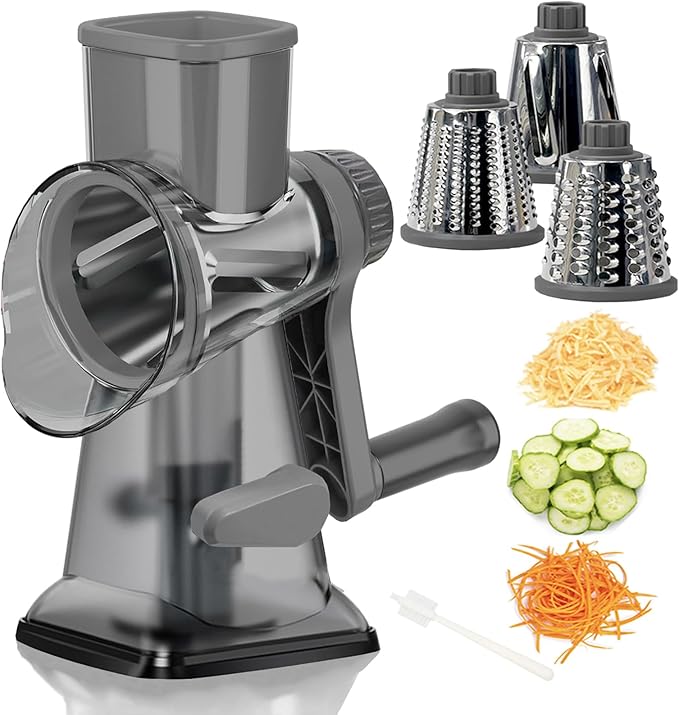 Cheese Grater with Handle,Multifunctional Rotary Cheese Grater,Kitchen Cheese Shredder Can Easily Chop Vegetables,Potatoes,Carrots,Etc.The Suction Cup is Stable and Easy to Clean (gray)