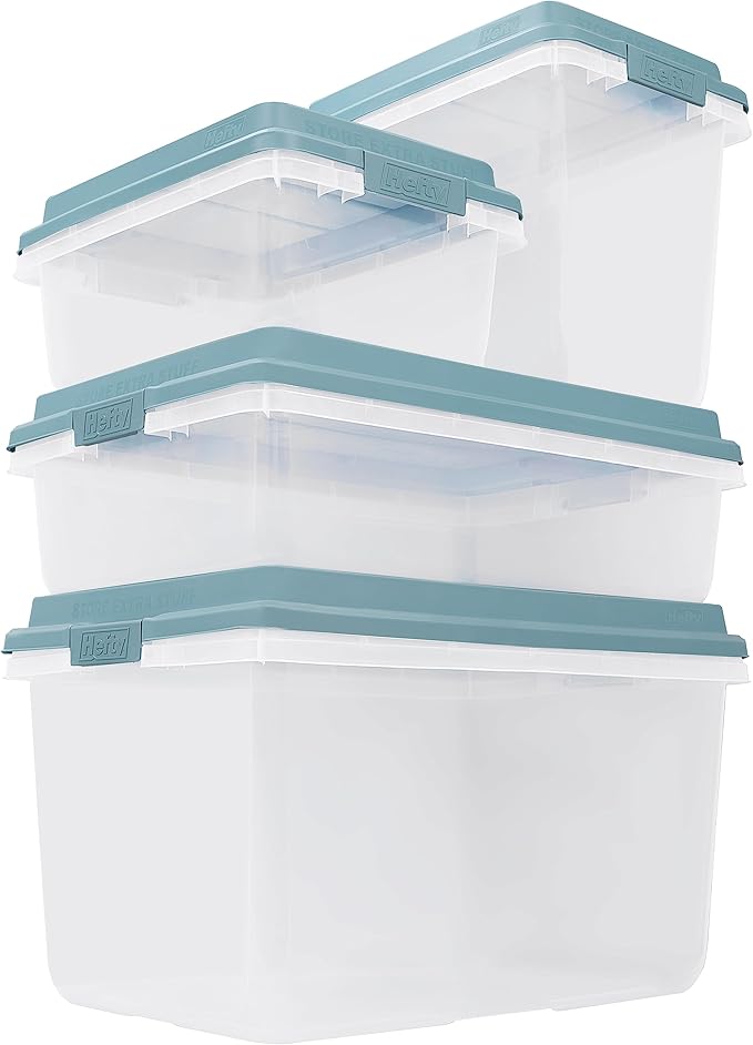 Hefty HI-RISE 72 Qt Large Plastic Storage Bins with Lids, 6 Pack Stackable Containers with Secure Latching Handles, Clear Storage Totes for Garage, Closet, Basement, Clothes and Household Organization
