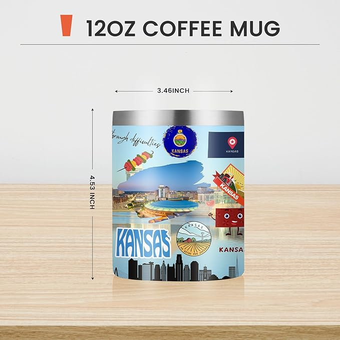 12oz Coffee Mug Kansas State Insulated Coffee Cups, United States Map Travel Mug Landmark, Birthday Gifts Cute Mugs with Lid and Straw Mothers Day Gifts
