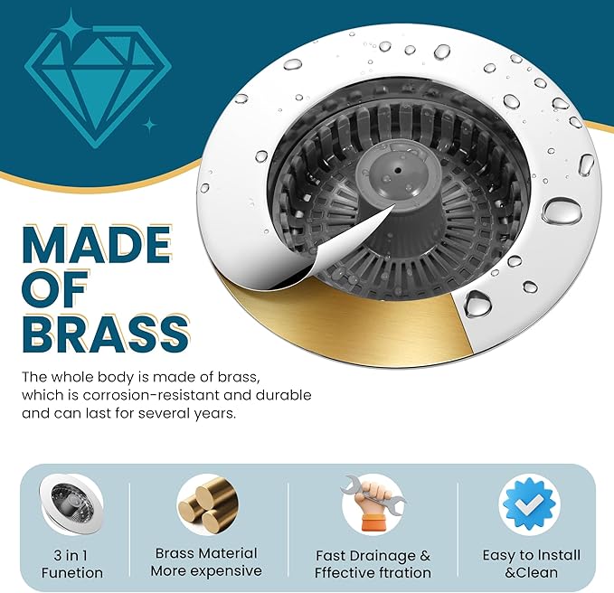 3 in 1 Kitchen Sink Strainer & Stopper, Pop Up Drain Plug for 3.5 Inch Sink – Anti-Clogging, Brass Core, Easy to Clean with Bonus Basket – Silver – DIKSEFN (Silver)