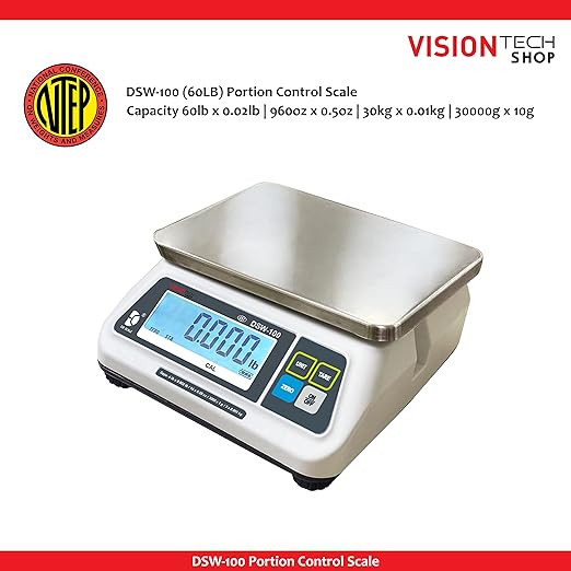 VisionTechShop DSW-100 Portion Food Scale with Single LCD Display, Stainless Steel Platter, 60lb Capacity, 0.02lb Readability, Lb/Oz/Kg/g Switchable, NTEP COC #22-007, NSF Certified