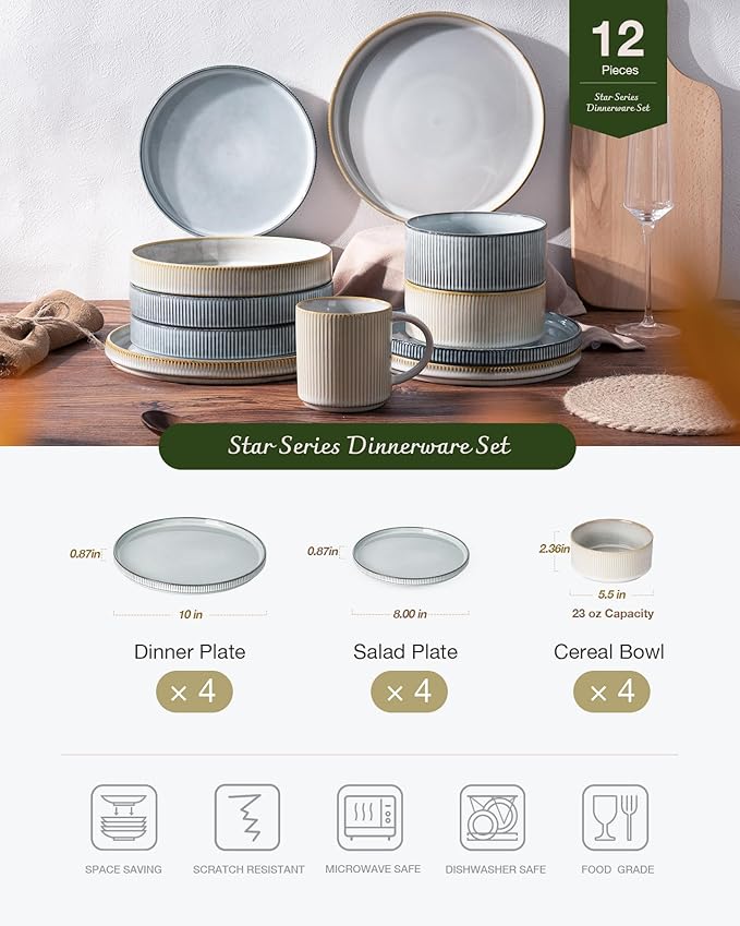 famiware Star Dinnerware Set, Plates and Bowls Sets for 4 (12pcs), Ribbed Stoneware Dishes - Chip & Scratch Resistant, Microwave & Dishwasher Safe, Multicolor - Cappuccino White & Smoky Blue