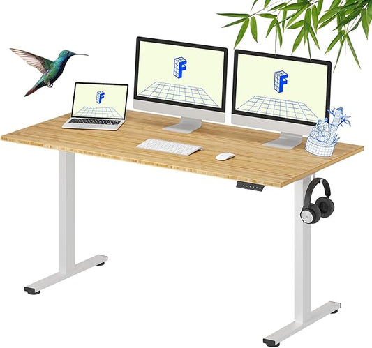 FLEXISPOT EN1 Bamboo Standing Desk, 60 x 30 Inches One-Piece Electric Adjustable Height Desk for Home Office (White Frame + Bamboo Top, 2 Packages)