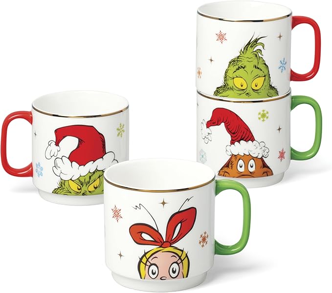 Lenox 898097 Merry Grinchmas Stackable Mugs, Service For 4, Assorted, Christmas, Drinkware Set, Holiday Glasses