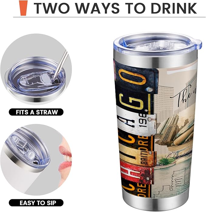 20oz Insulated Tumbler Chicago City Coffee Mug, United States Map Travel Mug Landmark, Birthday Gifts Cute Custom Tumbler Cups with Lid and Straw Gifts for Mom
