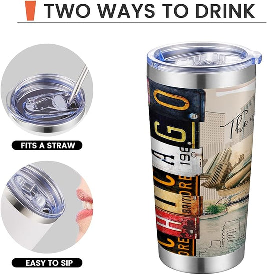 20oz Insulated Tumbler Chicago City Coffee Mug, United States Map Travel Mug Landmark, Birthday Gifts Cute Custom Tumbler Cups with Lid and Straw Gifts for Mom