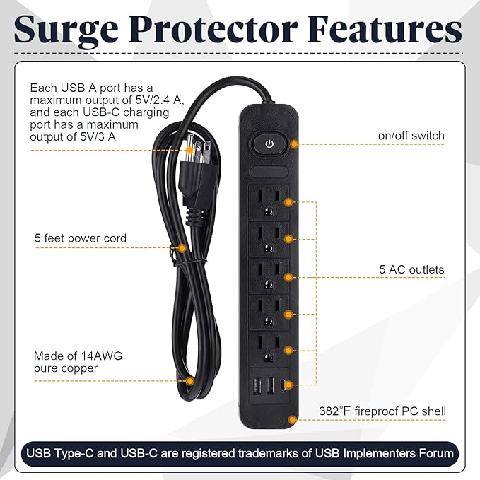 Kanayu 6 Pieces Power Strip Surge Protector with 5 Ac Outlets and 3 USB Ports, Heavy Duty Extension Cords Plug for Home Office Dorm(8.2 ft,Black)
