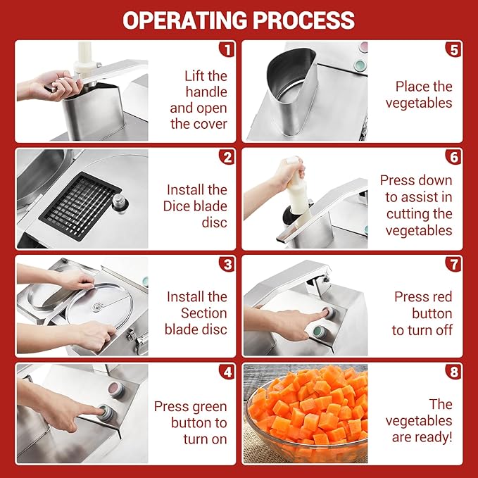 Commercial Food Processor 550W with 2 Feeding Holes, Stainless Steel Electric Vegetable Processor Detachable 6 Blades 2.2mm/4mm Shred, 2mm/4mm Slice, 3mm Strip Disc and 8mm Dicing Disc