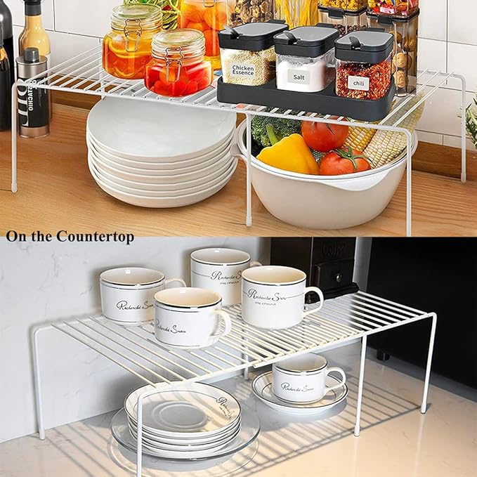 Kitchen Cabinet Organizer and Storage Shelves Expandable Freezer Shelf Organizer Rack with Scratch Resistant Feet for Counter Pantry Dish Spice Cupboards