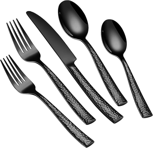 Stapava 40 Pcs Black Hammered Silverware Set, Stainless Steel Flatware Set for 8, Mirror Polished Cutlery Include Forks Spoons and Knives set for Home Hotel, Dishwasher Safe Utensils