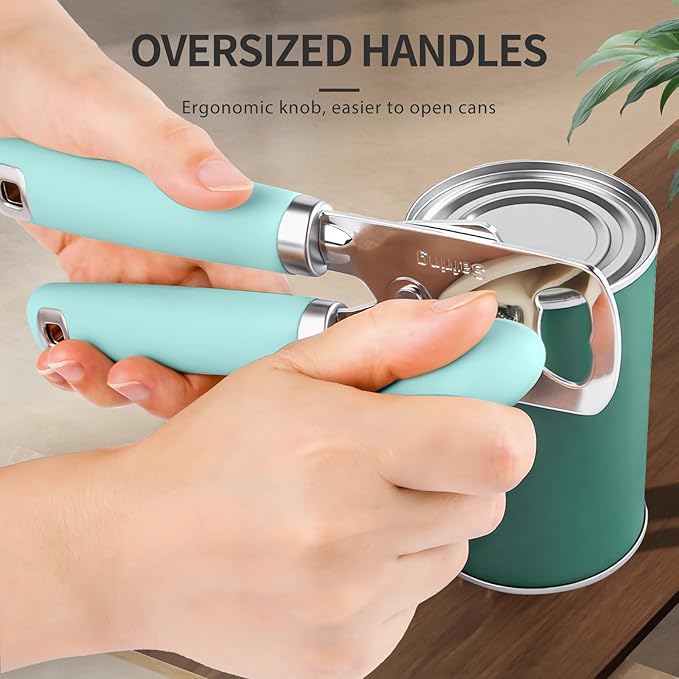 Can Opener Manual, Heavy Duty Stainless Steel Smooth Edge Can Opener With Soft Touch Handle, Oversized Handheld Easy Turn Knob, Multi-Function Bottle Opener, Aqua Sky