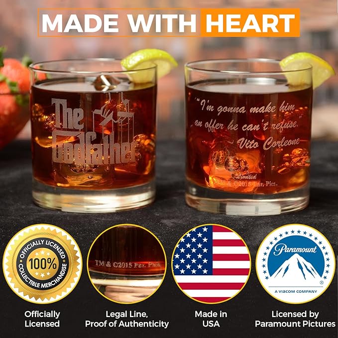 Official Godfather Etched Rocks Whiskey Glass - with Logo & Quote ''I’m gonna make him an offer he can’t refuse'' -Premium Quality, Handcrafted Glassware, 11oz. A Collectible Gift