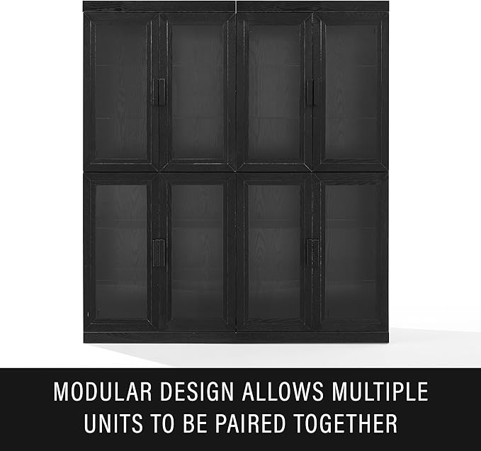 Crosley Furniture Essen Glass Door Kitchen Pantry Storage Cabinet with Doors and Shelves, Living Room, Black