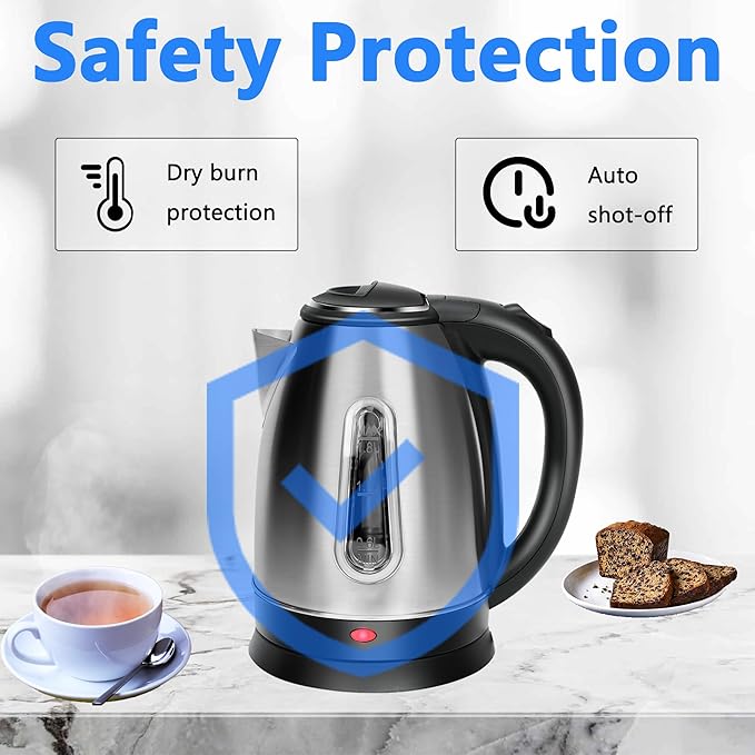 Electric Kettle, Stainless Steel 1.8 Liters Tea, Coffee Kettle & Hot Water Boiler, Auto Shut Off, Boil-Dry Protection with LED Ligh, Water Heater & Teapot, 360° Swivel Base, 1100W