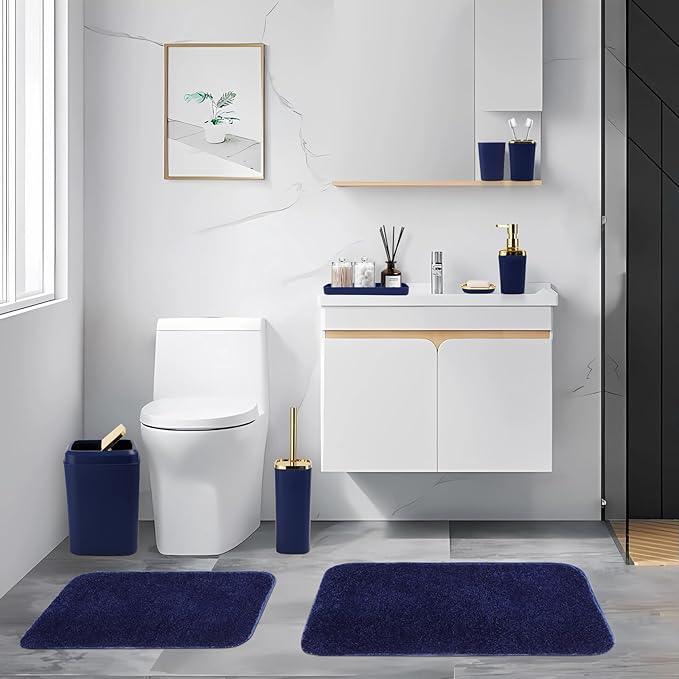 Bathroom Set - Navy Blue Bathroom Sets with Shower Curtain and Rugs, 24PCS Shower Curtain Set with Hooks, Soap Dispenser, Soap Dish, Toilet Brush Holder and Trash Can for Housewarming