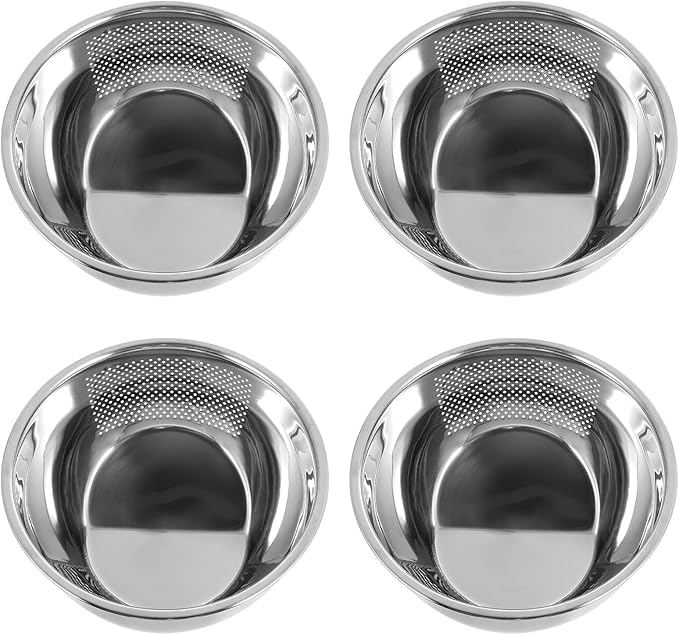 4PCS Rice Washer Strainer Bowl with Side Drainers Stainless Steel Rice Washing Bowl Multifunctional Colander for Cleaning Rinsing Fruits Vegetables Beans Silver