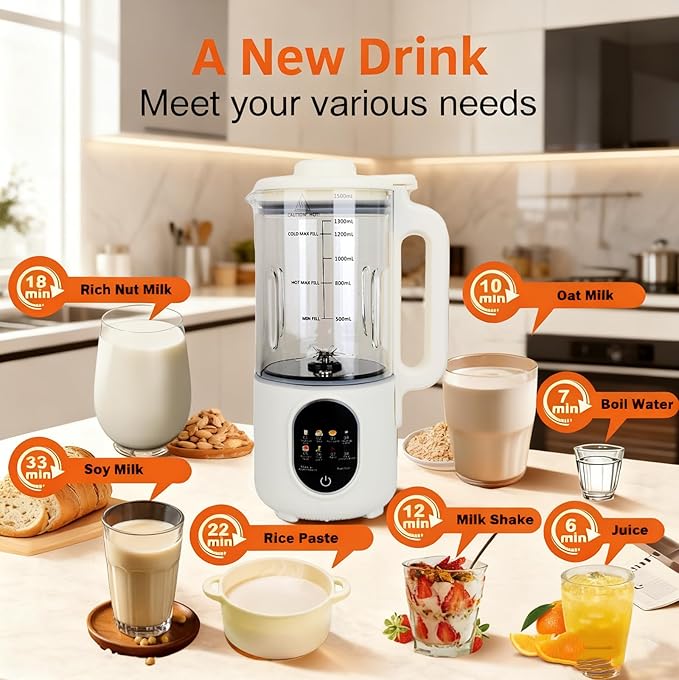 50oz Nut Milk Maker,10 in 1 Nut Milk Maker Machine with 20 Blades，Plant-Based Milk Maker for Soy，Juice, Fruit, Oat, Almond & Temp Hold, Delay Start, Boil & Auto Clean