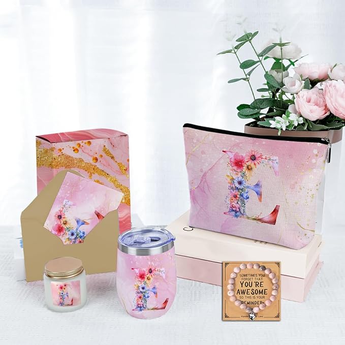 Personalized Gifts Monogrammed Birthday Gifts for Women, Daughter Bestie Friendship Christmas Halloween Initial Wine Tumbler Makeup Bag Scented Candle Bracelet Set, (Aesthetic Pink Flower E)