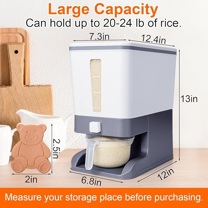 Mity rain Rice Dispenser 20-25 Lbs with Moisture Absorbing Clay, Rice Storage Container with Measuring Cup, Cereal Containers Storage Airtight for Kitchen Pantry Organization