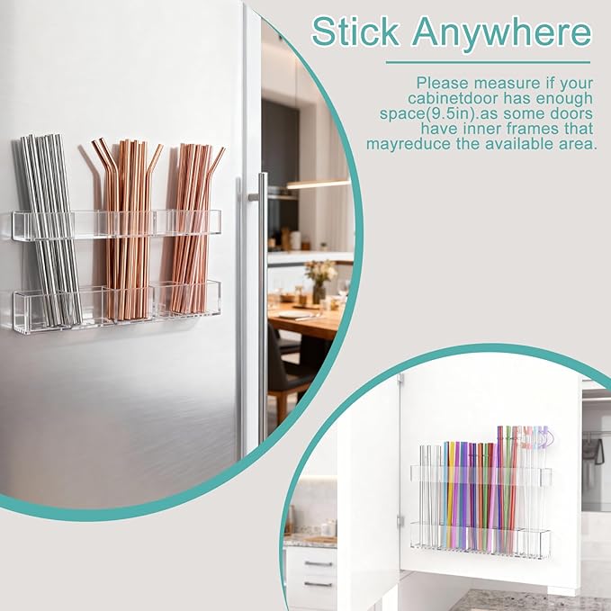 Acrylic Straw Holder, 9.5inch Large Adjustable Straws Organizer Storage, Reusable Tumbler Straw Storage Dispenser Straws with Ultra Sticky Adhesive Strips for Kitchen Cupboard Door(Transparent)