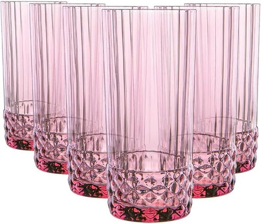 Bormioli Rocco America '20s Lilac Rose Cooler Glasses, Set of 6 - Made in Italy Tainted Crystal Glass with Diamond-Cut Design - 16.5 oz Barware Essentials for Cocktails & Spirits