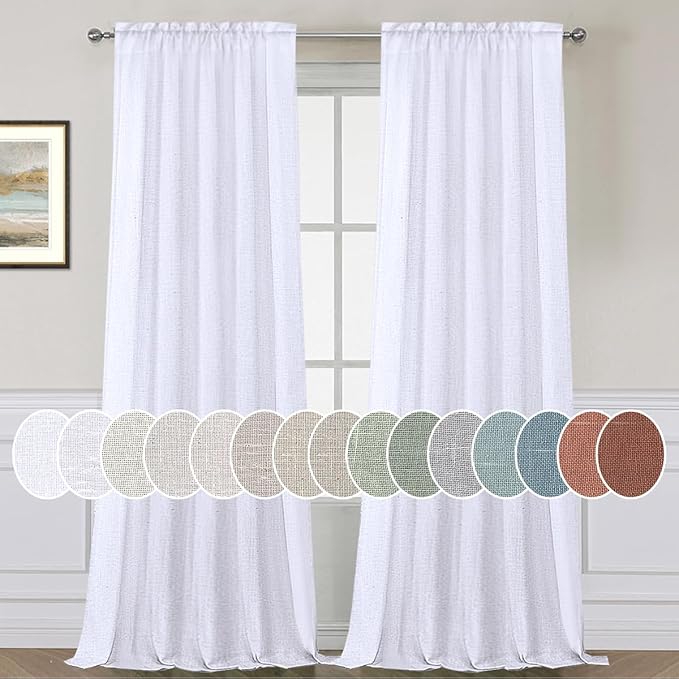 Linen Curtains Elegant Natural Linen Blended Curtains Energy Efficient Light Filtering / Rod Pocket Window Treatments Panels / Drapes for Livingroom (Set of 2, White, 52 inch W X 96 inch L)