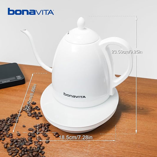 Bonavita Cosmopolitan 1.0L Gooseneck Electric Kettle, Stainless Steel Water Boiler for Coffee Brew and Tea Precise Pour Control, 6 Preset Temps, Glass Touch Panel, 1200W Fast Boil, White