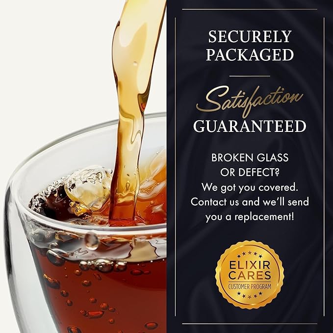 Elixir 16 oz Large Double Wall Coffee Mug Set of 2 - Double Wall Glass Coffee Cup - Large Mug - Insulated Glass Mugs with Handle for Hot Drinks Tea