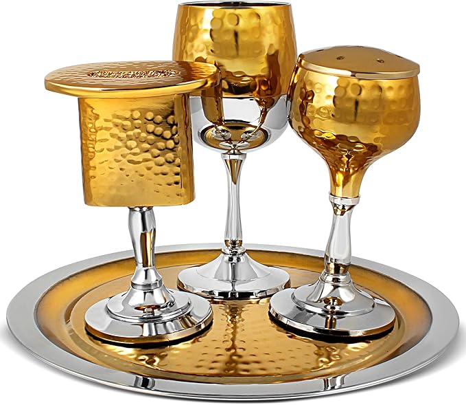 Zion Judaica Elegant Shabbos Havdalah Set Gift Boxed Gold Hammered Metal High Polished Includes Kiddush Cup 5.5 oz Wine Goblet Tray Havdualah Candle Holder Besamim Spice Box End of Shabbat Gift Set