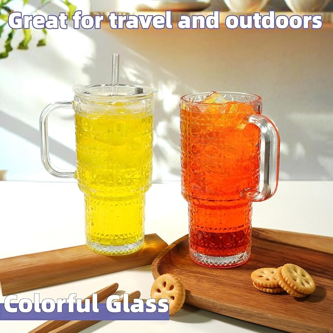 20 oz Glass Tumbler With Lid and Straw Set, 4 Pcs Large Ribbed Glass Tumbler, Reusable Iced Coffee Cups for Water, Tea, Coffee, Juice, Yogurt, And Soda Water