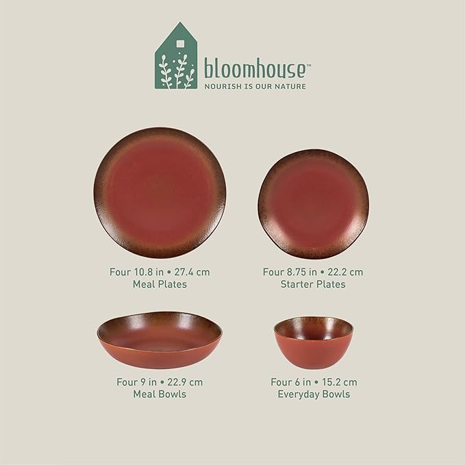 Bloomhouse - Two Time Oprah's Favorite Things Winner - Palermo Sun Double Bowl Stoneware Reactive Glaze Plates and Bowls Dinnerware Set - Paprika Red, Service for Four (16pcs)
