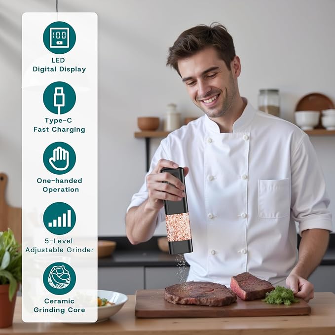 Upgraded Larger Capacity Electric Salt and Pepper Grinder Set Rechargeable with Digital Display, Refillable Electric Pepper Grinder Mill Set with Light & Ceramic Core, Adjustable Coarseness