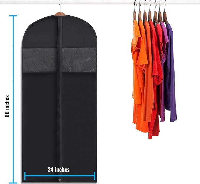 Plixio 60” Black Garment Bags for Hanging Clothes, Men Suit Bag for Travel and Clothing Closet Storage of Women Dress Shirts Coats Suit Cover Includes Zipper and Transparent Window (Black-60 pack:60")
