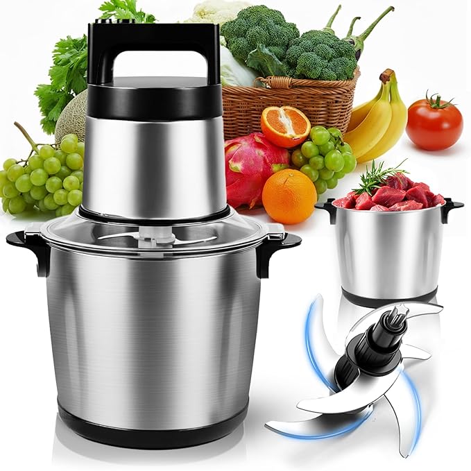 Electric Large Food Processor,1200W Meat Grinder Stainless Steel for Home, Heavy-Duty Meat Mincer with 2 Speed& 4 Blades,6L Electric Food Grinder Chopper for Meat,Game,Vegetables & Meal Prep