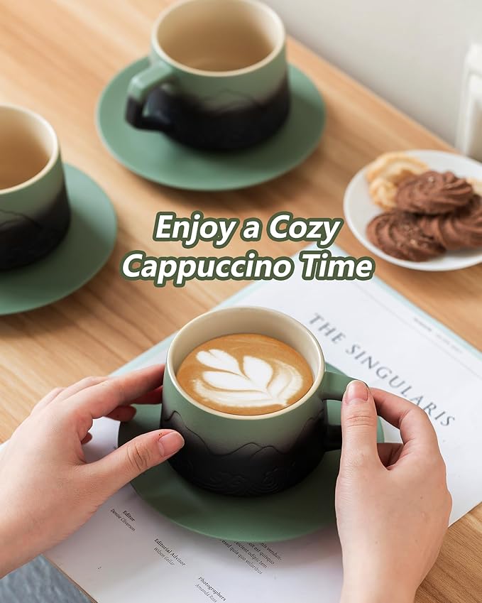 ZENS 8 Ounce Cappuccino Cups Set of 4, Embossed Artistic Cappuccino Mug with Saucers for Latte Art, Ceramic Coffee Cups for Au Lait Cafe or Matcha Tea Cup Gifts, Moss Green & Black