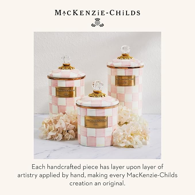 MACKENZIE-CHILDS Rosy Check Enamel Canister, Pink-and-White Kitchen Storage Container with Lid, Demi